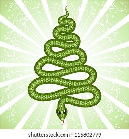 New Year card with a cute snake (symbol of 2013 year) in shape of a christmas tree