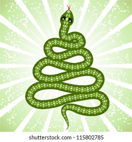 New Year card with a cute snake (symbol of 2013 year) in shape of a christmas tree