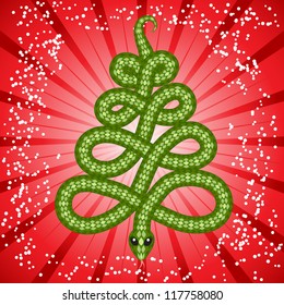 New Year card with a cute snake (symbol of 2013 year) in shape of a christmas tree