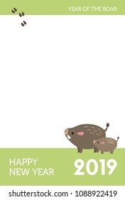 New Year card with cute wild boars and foot prints