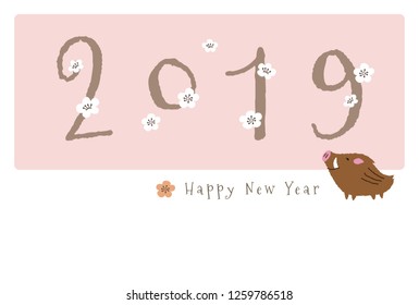 New Year card with cute wild pig and plum flowers for year 2019