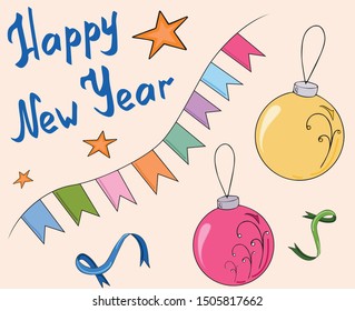 New Year card with New Year decorations, ribbons and stars. Lettering. Printing on objects and paper, scrapbooking