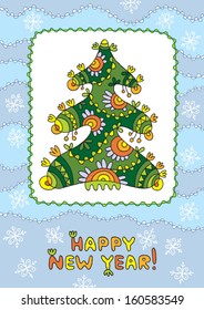 new year card with decorative new year tree on blue background
