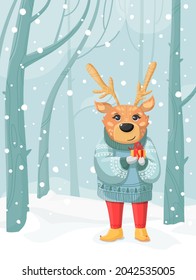 New Year card. A deer on a background of a snowy forest holds a gift box with a bow. Snowy twilight. Winter postcard. Vector illustration in cartoon style.