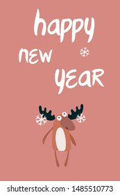 New Year card with a deer and snowflakes. In a Scandinavian cozy style. Vector illustration.