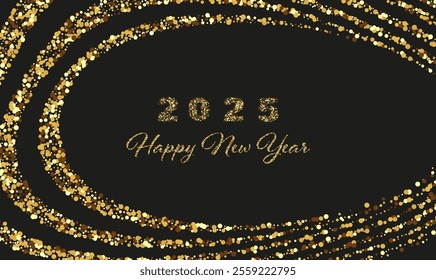 New Year card design for 2025, golden dust on a black background