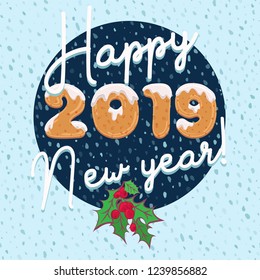 New year card design in cartoon style with text form of homemade cookies. Doodle letters for brochure, poster, vintage festive background, party postcard. Vector illustration.