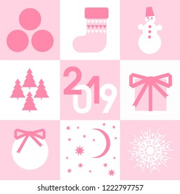 New Year card design. Christmas card in pink tones. Postcard template.