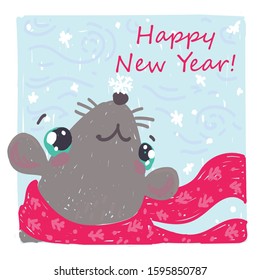 New Year card design. Colorful vector illustration of cute cartoon mouse in red scarf watching snowflakes in hand drawn sketch style isolated on white background. Happy New Year! Xmas greeting.