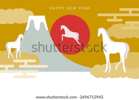 New Year Card Design: Elegant White Horse with Mount Fuji and Sunrise (Year of the Horse)
