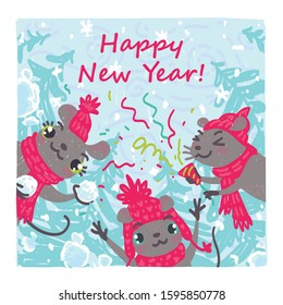 New Year card design. Party. Colorful vector illustration of three cute mice joyfully celebrating holidays in hand drawn sketch style isolated on white background. Happy New Year! Xmas greeting.