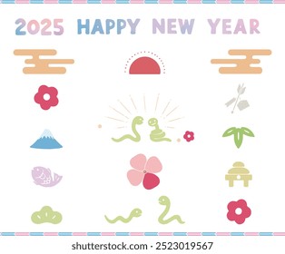 New Year card design set. Retro and modern Japanese decorative illustrations.