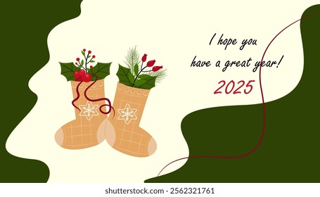 New Year card design with socks. Christmas flowers. Holly leaves and berries. Christmas plant for decoration