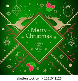 New year card design with stylized Christmas tree, deer, snowflakes and decorations. New Year's design template with a window for text. New Year's corporate greeting. Vector illustration EPS10.
