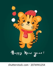 New Year card design. Template for Congratulations. Vintage and minimalism style.Cute vector tiger. Perfect for wallpaper, cards, stickers, poster, print, packaging, invitations, logo 