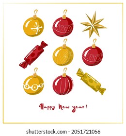 Neujahrskarten-Design. Vektorgrafik. Vorlage für Glückwünsche. Vintage und Minimalismus. Weihnachtsspielzeug, Stern, Bonbons und Schriften. 