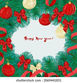 Neujahrskarten-Design. Vektorgrafik. Vorlage für Glückwünsche. Handgezeichnet. Enthält Weihnachtsspielzeug, Tannenzweige, Bögen, Bänder und Schriftzeichen.
