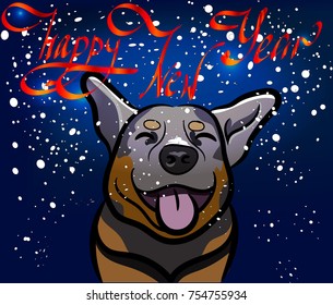 New Year card with dog in the snow
