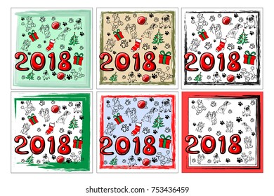 New Year card with dog, yorkshire, terrier, New Year's toy.