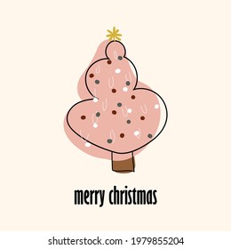 
New Year card with an elegant Christmas tree. poster with tree in flat style.