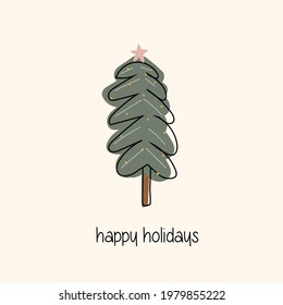 
New Year card with an elegant Christmas tree. poster with tree in flat style.
