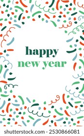 New Year Card explosion of Firecrackers, party Confetti. Greeting card with Fireworks from serpentine and ribbons. Congratulations on Christmas holiday in frame. Place for text. Vector illustration