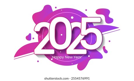 New Year card featuring 2025 in white numbers on a purple pink gradient abstract shape with Happy New Year below The design is sleek and vibrant






