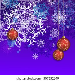 New Year card. Festive winter background with delicate snowflakes beautiful and bright red balls with gold pattern. Congratulation. Vector illustration.