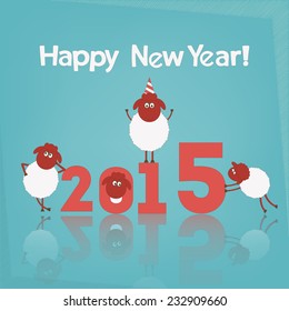 New Year Card with  Few Cute Cartoon Sheeps. Symbol of 2015 year. Year of the Sheep. Vector Illustration.