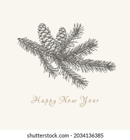 New year card with fir branch and cones. Сhristmas illustration. Botanical vector. Sketch. Black and White pattern.