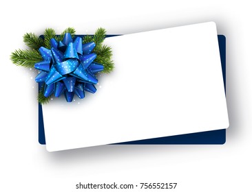New Year card with fir branches and blue bow. Vector paper illustration.