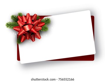 New Year card with fir branches and red bow. Vector paper illustration.
