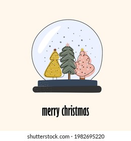 new year card with fir trees in a ball with snow. festive poster. cute christmas trees in flat style. Christmas