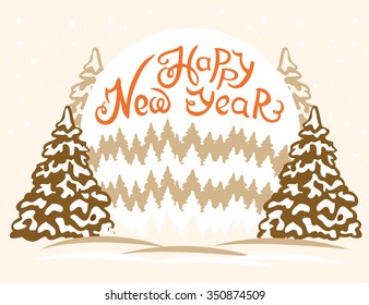 New Year card. Fir trees on the background of the moon. Snow falls.