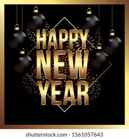 new year card with fireworks and black christmas balls. vector illustration