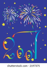 new year card with fireworks and colorful numerals