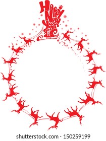 New Year card with flying rein deers - red color silhouettes on white background - round frame