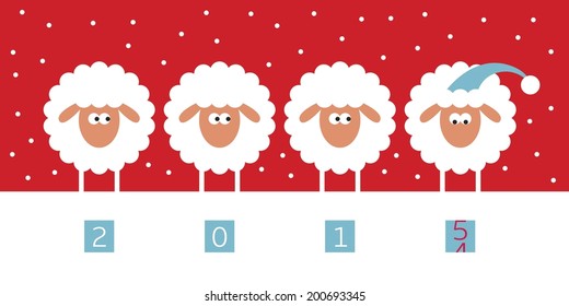 New year card with four sheep on red