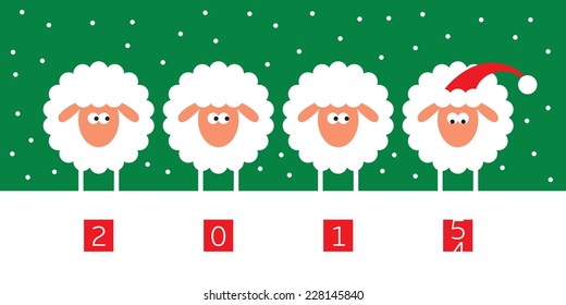 New year card with four sheep on green