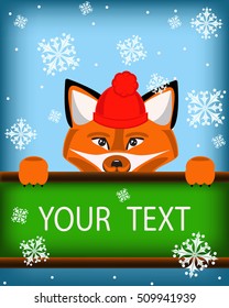 New Year card. Fox in the red cap looks out of the board with the inscription on the background with snowflakes