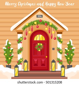 New year card with front house door decorated by lanterns holly wreath and christmas trees flat vector illustration 