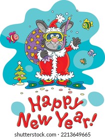 New Year card with a funny black rabbit carrying a bag of gifts, wearing Santa costume, a mask, flippers and snorkel for diving, surrounded by small merry fishes, vector cartoon