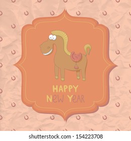 New Year card with funny cartoon horse. EPS 10. Transparency. No gradients.