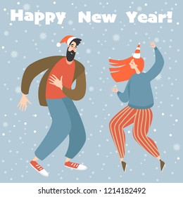 New year card with funny couple dancing twist. Vector illustration in cartoon style