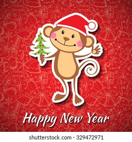 New Year card with funny monkey. Vector illustration