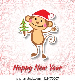 New Year card with funny monkey. Vector illustration