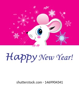 New Year card with a funny mouse on a background with snowflakes. Template for new year's eve.
