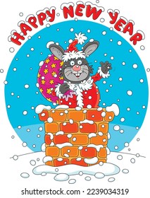 New Year card with a funny rabbit in a red and white Santa costume peeking out of a bricky chimney with a bag of sweet gifts and waving in greeting on a snowy holiday night