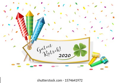 New Year Card with German Text inscriptions Guten Rutsch 2020 (tradition german names for New Year Party), with Firework rockets, Shamrocks, party horns, Card, Confetti and Text, Vector illustration