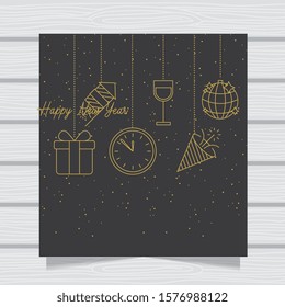 new year card with gift fireworks clock wine cup confetti and party ball. vector illustration